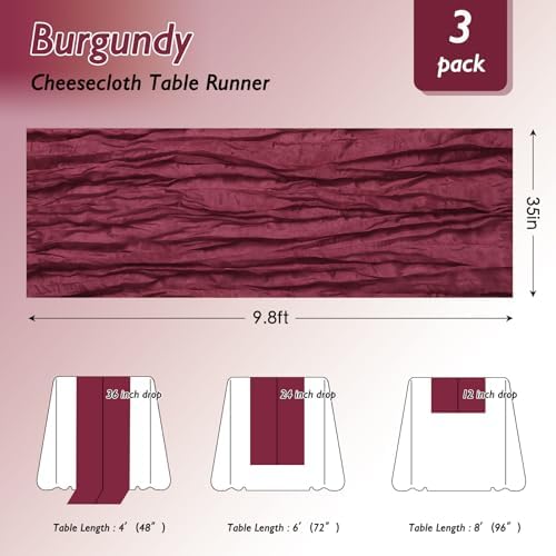 8 Pack Burgundy Red Cheesecloth Table Runner 120 Inch Boho Wedding Decor - Image 2