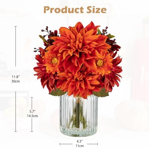 Briful Fake Fall Flowers with Vase, Artificial Dahlia & Mum Silk Floral Arrangement with Glass Vase Faux Autumn Flowers Bouquet for Home Office Room Coffee Table Centerpiece Wedding Decoration - Image 2