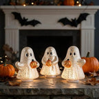 Set of 3 Illuminated Mercury Glass Ghosts, LED Halloween Ghost Decorations with Pumpkins, Cute Ghost Figurines Warm Light Tabletop Ornaments for Mantel Shelf, Fall Party Home Decor - Image 2