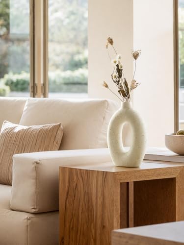 LE TAUCI Ceramic Vases Set of 2, Cream Hollow Donut Flower Vases, Nordic Boho Decor Decorative Centerpiece for Living Room, Table, Shelf, Mantel, Warm Ivory Speckled (H10.5”xW8.5”) - Image 4