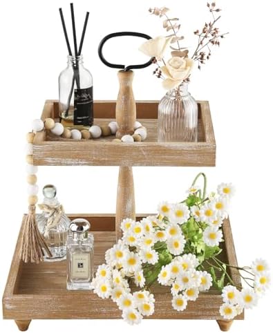 Tiered Tray Stand, Rustic Wooden 2 Tier Decorative Tray with Bead Garland, Farmhouse Square Wood Serving Tray Counter Centerpiece for Coffee Bar Home Decor Thanksgiving Housewarming Gifts (Brown) by SYNCVIBE