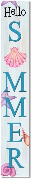 Hello Summer Starfish & Shells Wooden Sign 8”x48” Welcome Solid Wood Sign and Porch Leaner Summer Decoration for Front Door Porch Yard Deck Patio Farmhouse Vertical Decorn by Ymaotrade