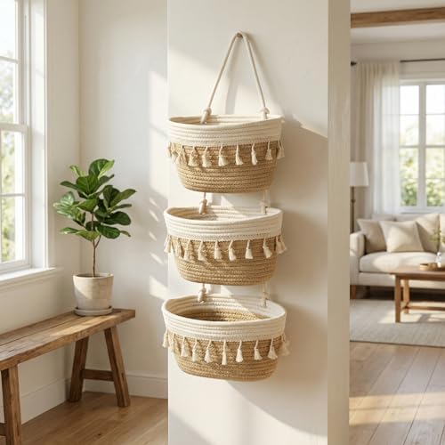 Hanging Basket, Over Door Organizer, 3 -Tier Wall Basket with Hooks - Image 6