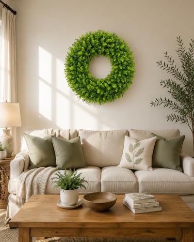 24 Inch Artificial Boxwood Wreath for Front Door, UV Resistant Outdoor Green Wreath, Waterproof Resistant Spring Summer Farmhouse Porch Wall Large Door Wreath for Home Wedding Indoor Decor - Image 6