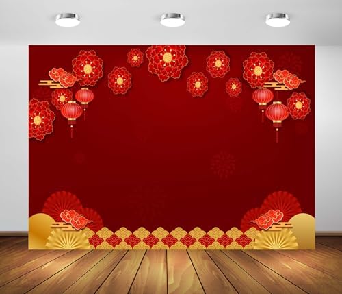 BELECO 8x6ft Fabric Chinese New Year Backdrop Lunar New Year Decorations Red Lanterns Flowers Spring Festival Party Background Banner Holiday Photoshoot Studio Props by BELECO