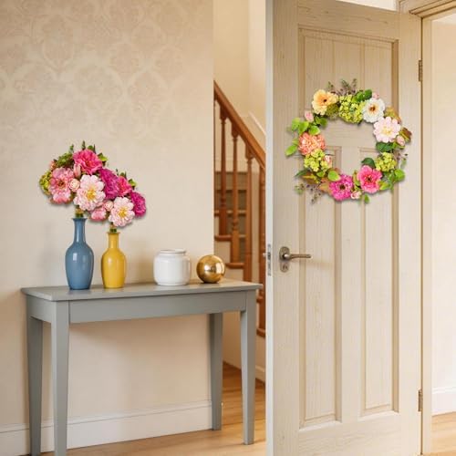 22in Fake Peony and Hydrangea Spring Summer Wreath, Artificial Flower Wreath with 2 Matching Bouquets Set, Front Door Decor for Spring Home Office, Valentine's Day, Mother's Day - Image 7