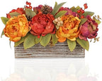 Fall Peonies Artificial Flowers Arrangements In Rustic Wooden Box Planter - Image 2