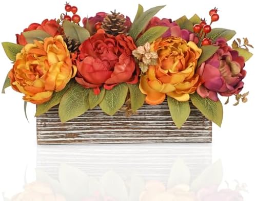 Fall Peonies Artificial Flowers Arrangements In Rustic Wooden Box Planter - Image 2