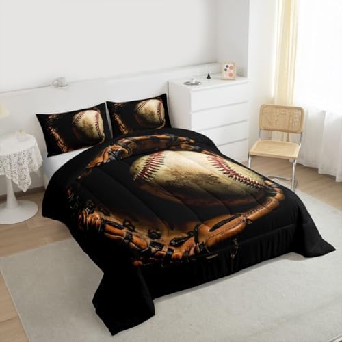 Erosebridal Baseball Comforter Set Full Size Sports Game Bedding Baseball Player Duvet Insert for Kids Boys Teens Retro Style Quilt for Room Dorm Decorative, Brown Down Comforter - Image 3