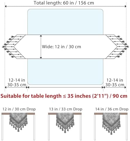 kilofly Elegant Floral Brocade Jacquard Table Runner Tassels (60 x 12 inches) - Image 2
