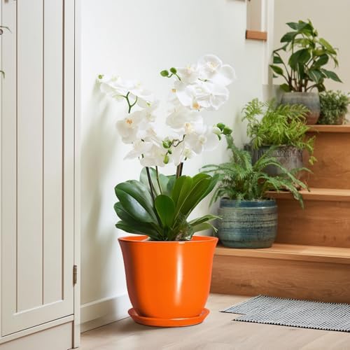 10 Inch Plant Pot, Ceramic Pots for Plants with Drainage, Orange - Image 6