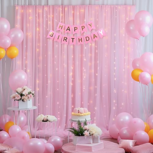 10x10ft Pink Tulle Backdrop Curtain with Lights String for Parites, Sheer Backdrop Drapes for Baby Shower Wedding Birthday Party Photo Shoot Decorations - Image 2