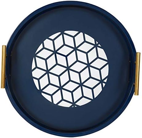 Kate and Laurel Caspen Round Cut Out Pattern Decorative Tray with Gold Metal Handles, 15.5", Navy and Gold - Image 5