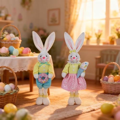 Glintoper 2 Pack Easter Decorations Standing Bunny with Stretchable Legs, 21" to 26" White Rabbits Couple Figurine, Party Favor Photo Props Gifts for Office Kitchen Farmhouse Front Door Spring Home - Image 4
