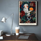 Chinese Lunar Year of the Monkey Art Print – Vibrant Orange Rose & Floral Pattern Zodiac Wall Decor Dark Blue Oriental Aesthetic Home Decoration Poster for Bathroom Bedroom 20X30 in Wrapped Framed - Image 6