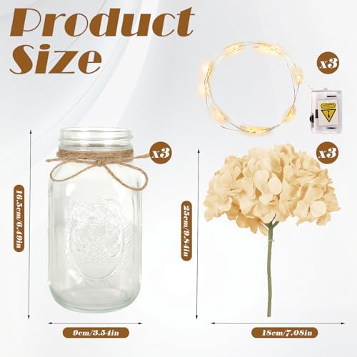 Set of 3 Mason Jar Lights, Champagne Hydrangea Holiday Table Decor - Image 4