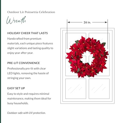 Balsam Hill Outdoor Lit Poinsettia Celebration Christmas Wreath - 26" Festive Red Front Door Wreath with Poinsettia Flowers & Battery-Operated LED Clear Lights - Image 3