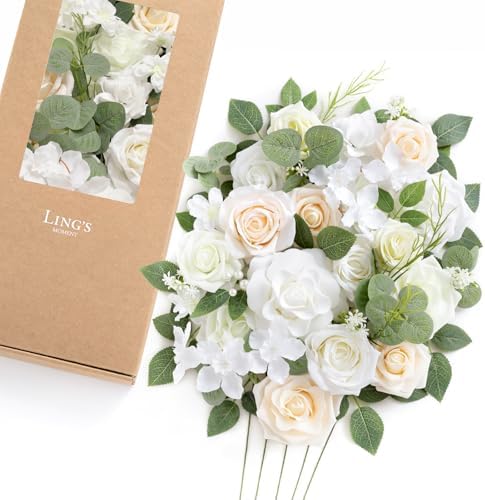 Ling's moment Artificial Wedding Flowers Combo, White & Sage, Deluxe by LingsMoment