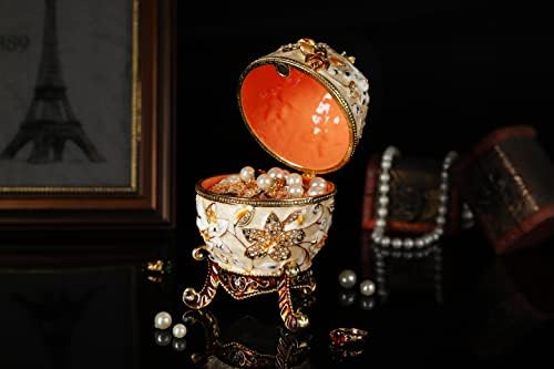 QIFU Pearl White 5.7”H Easter Egg Replics Hand Painted Enameled Jeweled Trinket Box Hinged Unique Gift for Home Decor - Image 6