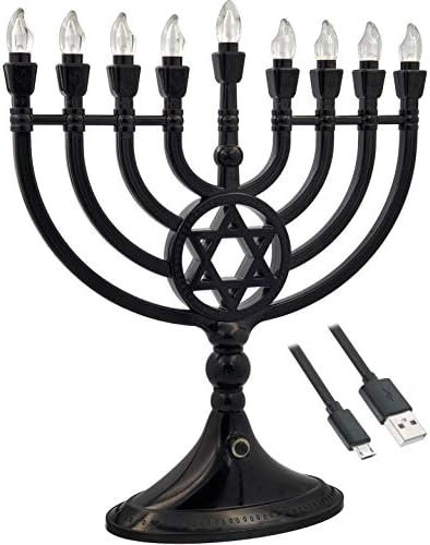 The Dreidel Company Traditional LED Electric Black Hanukkah Menorah - Large Size 13-Inches Tall Battery or USB Powered - Includes a Micro USB Charging Cable by TheDreidelCompany