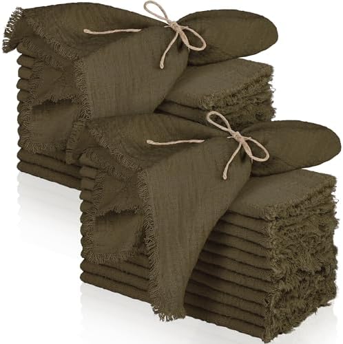 TURSTIN 24 Pieces Cotton Linen Cloth Napkin Handmade Cloth Napkin with Fringe 17 x 17 Inch Soft Dinner Wedding Napkins Square Rustic Fringe Table Napkins for Dinners, Parties, Weddings, Coffee by TURSTIN