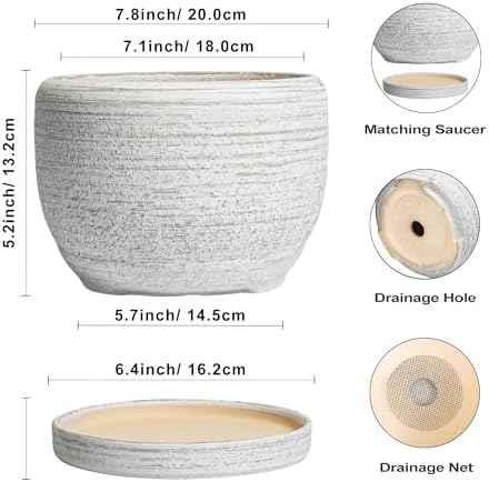 SQOWL Ceramic Plant Pots - 8 inch Planter for Indoor Plants, Round Flower Pot with Drainage Hole and Plant Saucer, Modern Decorative Ceramic Planter Outdoor, Home Room Decor, Garden Gifts, Gray - Image 3