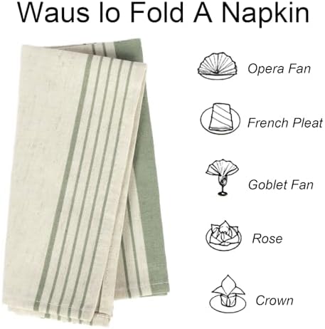 Sage Green Striped Napkins, Farmhouse Set of 12 Linen Dinner Napkins, Reusable & Washable 17x17 Inches for Everyday Use - Image 6