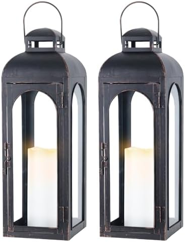 NEEDOMO Set of 2 Lanterns Decorative for Home,22''H Large LuxuryBronze Metal Hurricane Lanterns with Tempered Glass Panels for Porch,Tabletop, Mantle, Wall Hanging, Garden, Indoor & Outdoor Décor by NEEDOMO-LightUpYourSpace
