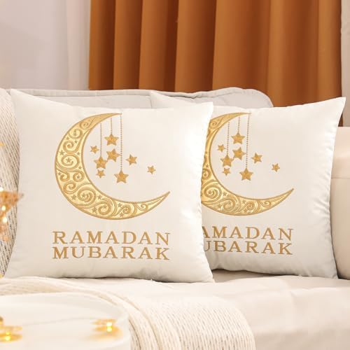 Ramadan Pillow Covers 18x18 inch Set of 2 Beige and Gold Velvet Throw Pillow Covers Ramadan Eid Mubarak Cushion Covers Moon and Star Decorations for Home Couch Sofa Outdoor by Tosleo