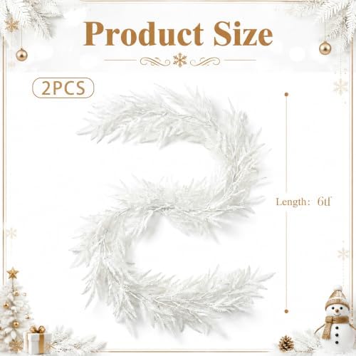 2Pcs Christmas White Norfolk Pine Garland,6Ft Artificial Snow Pine Garlands - Image 2