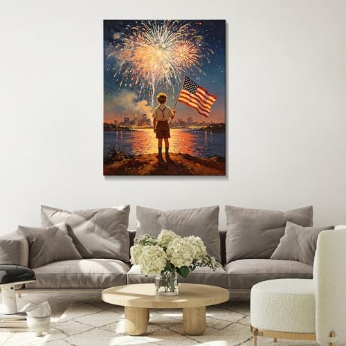 July 4th Patriotic Canvas Wall Art 4th of July USA Decorations Boy Holding American Flag and Dark Night Fireworks Picture Wall Decor Independence Day Home Decor 24x36in - Image 2