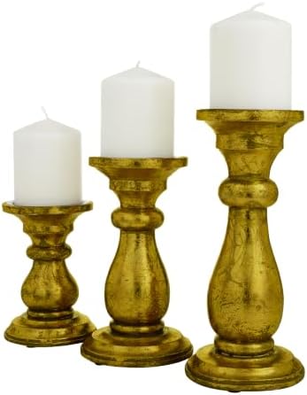 Deco 79 Mango Wood Decorative Candle Holder Turned Style Pillar Candle Stand, Set of 3 Candlestick Holder 10", 8", 6"H, Brass - Image 2