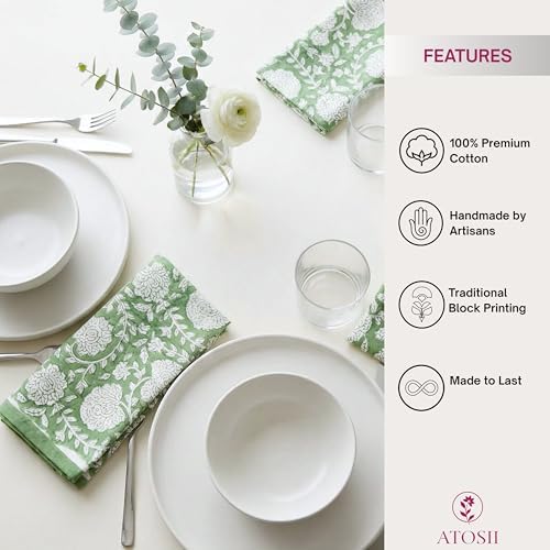 ATOSII Shalimar Green 100% Cotton Fall Cloth Designer Dinner Napkins, Handblock Print, Washable Durable Linen for Everyday Use Wedding Parties Outdoors Christmas I 20 X 20 Inches I Set of 4 - Image 4