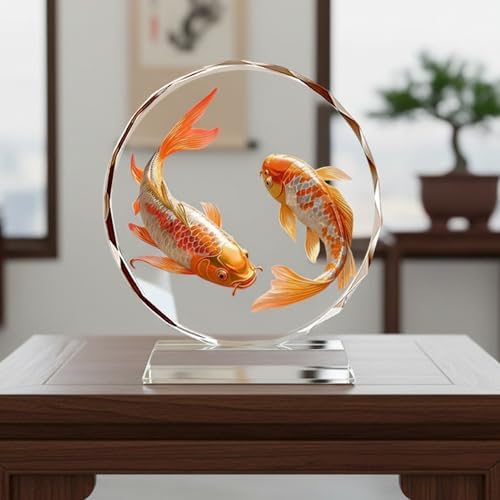 Chinese New Year Rooster & Lychee Crystal Ornament with Double Koi Fish for Feng Shui Wealth, Home Decor and Good Luck Gifts for Housewarming - Image 3