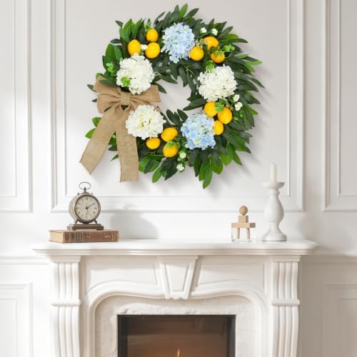 22 Inch Lemon Wreath for Front Door, Spring Summer Wreaths for Outside with Hydrangeas, Greenery and Burlap Bow, Artificial Citrus Floral Wreath for Farmhouse Porch Wall Window Kitchen Decor - Image 7