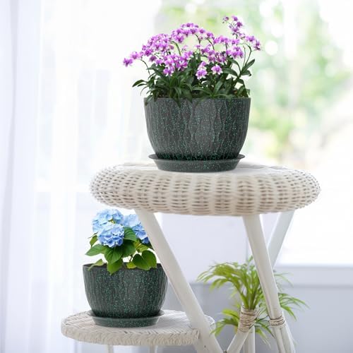 Meowell 12/10/9 inch Large Plant Pots, 3 Pack Wide Flower Pots for Outdoor Indoor Plants, Water Ripples Plastic Planters with Drainage Holes and Saucers for Garden House, Black with Green Speckles - Image 7