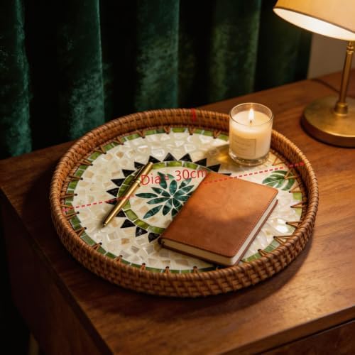 Boho Handwoven Rattan Tray with Mother of Pearl Inlay, 35cm Round Decorative Tray, Wooden Base Serving Tray for Breakfast, Vanity, Coffee Table & Wall Hanging Decor (Size:Big, Pattern:GreenSun) - Image 2