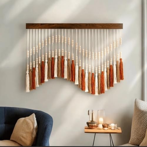 Megsv Macrame Wall Hanging Boho Tassel Art with Wooden Rod 45x32in by Megsv