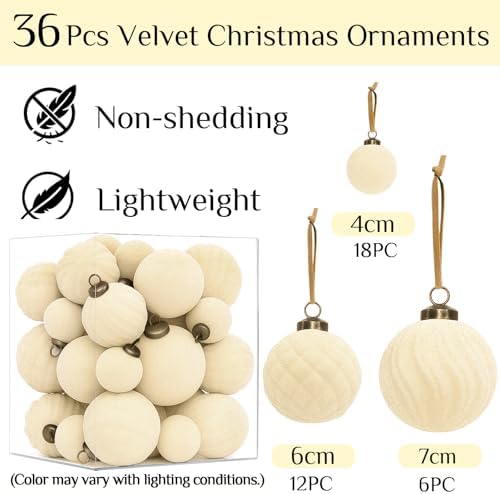 XmasExp 36PCS Velvet Christmas Ornaments Set Mixed Flocked Balls Ornaments Shatterproof Christmas Tree Decorations for Holiday,Party,Home(Beige) - Image 3