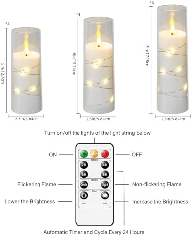 Sasigeiaa Flameless Candles with Embedded Star String - Battery Operated LED Candles, with Remote,12 White Flickering Candles for Christmas, Weddings, Home Decor & Party,(D 2.3"×H 5" 6" 7") - Image 2