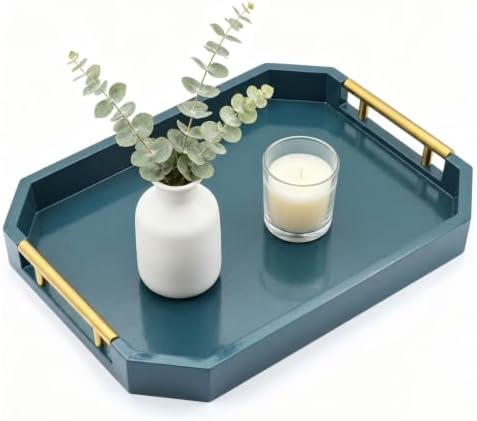 Decorative Wood Serving Tray with Polished Gold Handles, Octagon MDF Tray, Glossy Finish, 16x12 Inch, for Coffee Table, Ottoman (Teal) by dugunusu