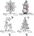 GUOER 4 Pack Snowflake Christmas Stocking Holder Set for Mantle Christmas Decorations Mantle Fireplace Topper-Snowman Reindeer and Christmas Tree Hangers Decorative Metal Hanger (Red Rhinestone) by GUOER