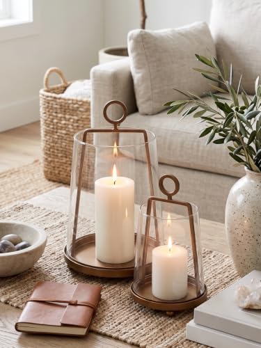 Brass T-Shape Glass Cloche Candle Holder Set of 2, Clear Hurricane Candle Lantern with Ring Handle, Decorative Bell Jar Candle Cover for Pillar Candles, Table Centerpiece Home Decor - Image 3