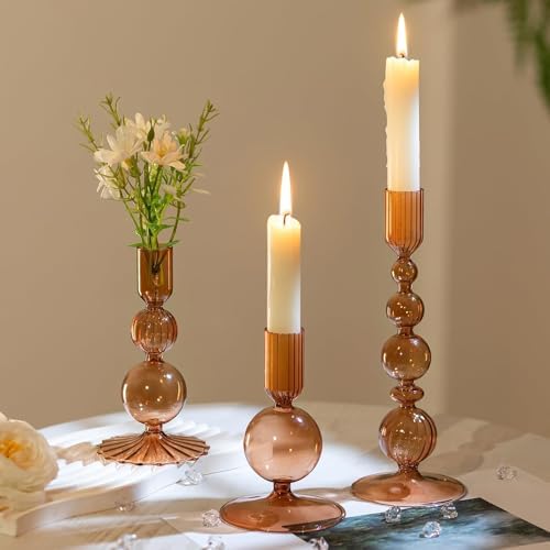 Hewory Glass Candlestick Holders Set: 3PCS Brown Taper Candle Holders Bulk by Hewory