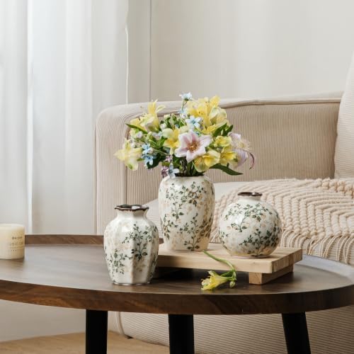 Ceramic Flower Small Vase for Home Decor, Vintage Green Vase Set of 3 - Image 4