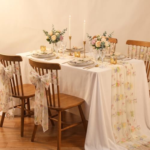 Beige White Floral Gauze Table Runner 10ft Embroidery Tulle Spring Decor - Image 3