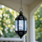 Vela Lanterns Hanging Moroccan Lantern with LED Twinkle Fairy Lights - Exotic Decorative Patio & Porch Decor, Indoor Outdoor Candle Lamp Holder with Chain (13" Large, Clear Glass) - Image 5