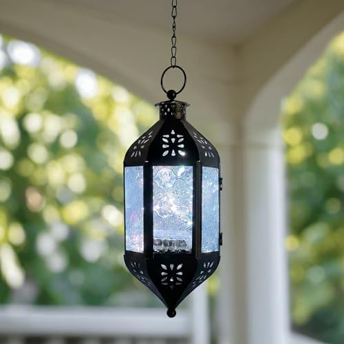 Vela Lanterns Hanging Moroccan Lantern with LED Twinkle Fairy Lights - Exotic Decorative Patio & Porch Decor, Indoor Outdoor Candle Lamp Holder with Chain (13" Large, Clear Glass) - Image 5