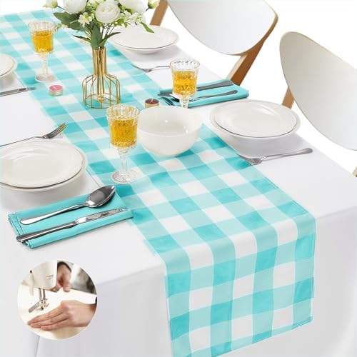 Cupuamon Fabric Checkered Table Runner 12 Pack Waterproof Gingham Table Runner 14W x 108L Buffalo Check Table Runners for Parties Kitchen Dining Wedding Banquet (Aqua and White) by Cupuamon