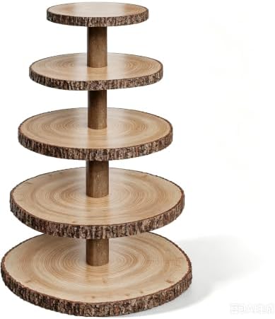 5-Tier Round Wooden Cupcake Stand, Rustic Natural Bark Wood Dessert Display Tower Platter for Wedding, Birthday, Baby Shower, Tea Party & Farmhouse Party Buffet by Unknown